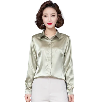 Moda coreeană de Mătase Femei, Bluze din Satin Birou Doamnă Tricou si Bluza Guler de Turn-down Blusas Largas Plus Dimensiune Blusas Largas