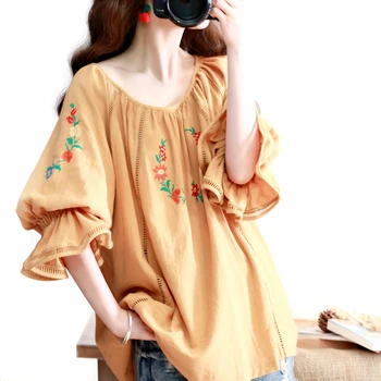 Primăvara Design Original De Vara Femei Haine Mori Fata Dulce Tricouri Coreea Drăguț Broderie Lenjerie De Pat Din Bumbac Galben Bluze