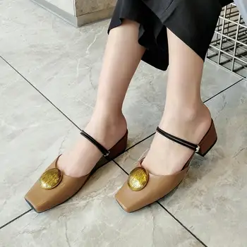 Baotou papuci femei uzura de vară de moda două porți de metal cataramă rotund jumătate drag Muller toc gros sandale valul Z556