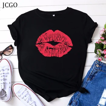 JCGO Vara Femei Tricou din Bumbac O-Gat Maneci Scurte Sexy Buze Print T Shirt Plus Dimensiune S-5XL Moda Casual Tee Topuri