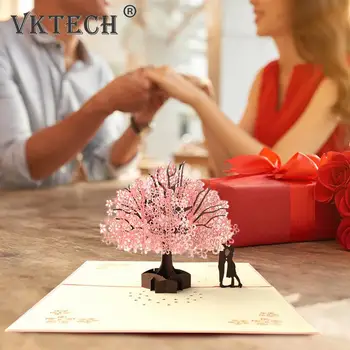 1 buc 3D Pop-up de Carduri Nunta Cireș Invitatii Carduri de Ziua Îndrăgostiților Felicitări Handmade Card Iubitorii de Cuplu carte Poștală