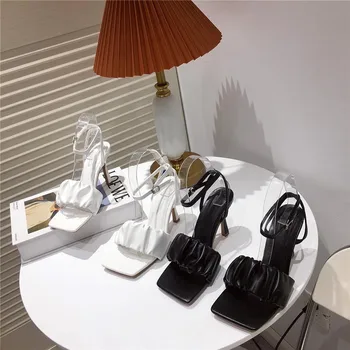 Vara noua moda sandale tocuri inalte sexy pantofi de partid de modă plisate curele glezna Roman pompei pantofi alb