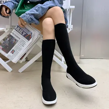 Ciorapi tricotate cizme femei de peste cizme genunchi 2020 noi de mare confort întinde cizme coapsei cizme înalte, cizme cu platforma