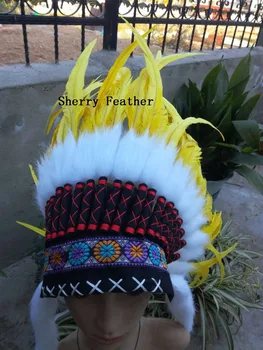 Galben indian cu Pene frizură război capota Replica făcut caciulita petrecere de halloween costume pălărie cu pene bentita