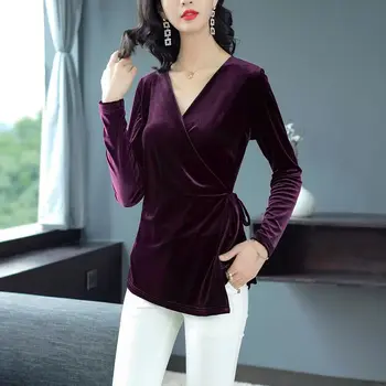 Primăvară Elegant Dantela-Up Catifea, Bluze Femei Plus Dimensiune 4XL Casual V-Neck Maneca Lunga Slim Cămașă Vintage lady Pulover Topuri