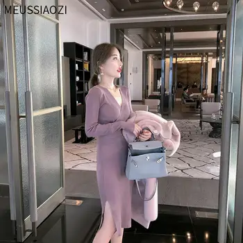 De moda Rochie de Femei 2020 Toamna Iarna Nou Sexy Folie de Braț Slim de Slabit Split End Tricotate Rochie coreeană