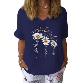 Noi De Vara Femei T-Shirt Short Sleeve Floral Printed V-Neck Cămașă De Sex Feminin Casual Vrac Femeie Tee Top