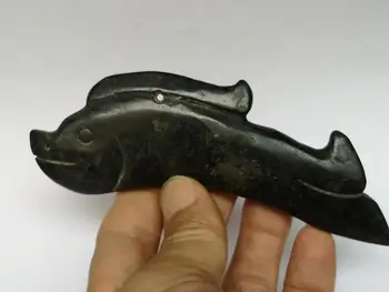 YIZHU CULTUER Colecție de ARTĂ Veche Chineză Cultura Hongshan Jad Negru Sculptură Pește Statuie Pandantiv