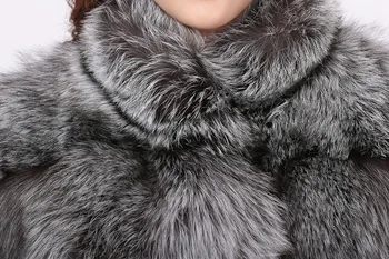 Femei de Argint Fox Real Haină de Blană cu Guler Negru din Piele de Vulpe Blană Strat Gros de Iarna Moale sacou Cald
