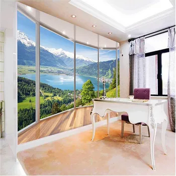 Beibehang Personalizate foto tapet de fundal de hârtie de perete camera de zi cu TV și balcon cu vedere zăpadă, lac, peisaj 3D picturi murale papel de parede