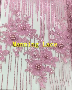 Bine cautati un design modern francez net tesatura dantela cu margele frumos lipite sclipici africane Tul dantela pentru rochie de petrecere