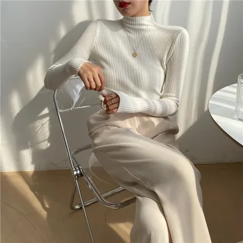 Toamna Iarna Guler Femeie Pulovere Tricotate de Culoare Solidă Maneca Lunga Slim Top Alb de Moda Haine de Toamna Pentru Femei 2020