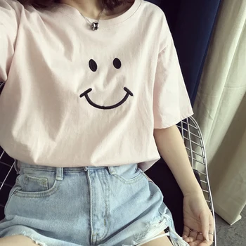 Tricou vrac Topuri 2019 Vara Noi O-Gat Maneci Scurte Zâmbet de Imprimare Femei T-Shirt pentru Fete Student T-Shirt Casual Top Lady Tees