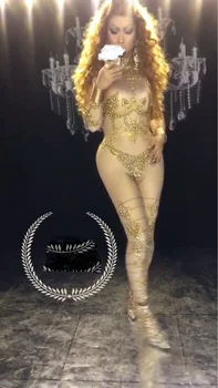 Sexy Aur cu Pietre Nud Salopete fete dintr-O bucata Etapă Purta ziua de naștere Club de noapte show Costum