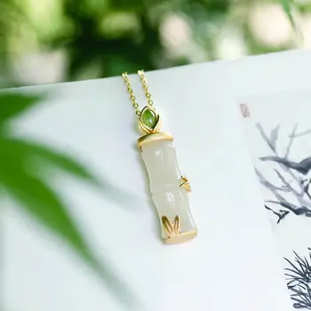 Argint Naturale Hetian jad alb bambus Pandantiv Colier Chineză stil retro unic antice de aur farmec pentru femei brand de bijuterii
