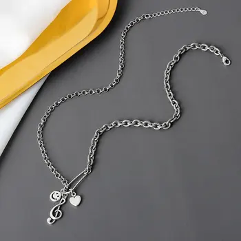 Argint 925 Colier de Lanț Simplu de muzică de inima Placat cu Argint Colier coreea Style Femeie Colier Boho Doamnelor Bijuterii