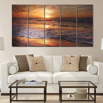 Apus de soare pe Plajă, peisaj Marin în Amurg de Aur Peisaj Poster de Arta de Imprimare Panza Pictura pentru Camera de zi Arta de Perete Decor Acasă