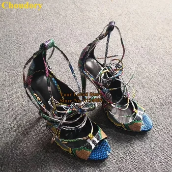 Choudory Doamnelor Sexy Multi-culoare piele de Sarpe cu Toc Sandale din Dantela-up pantofi Legați în Cruce Pompe Strappy Gladiator Pantofi de Partid