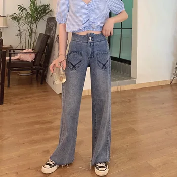 Femei Blugi Largi Picior Talie Mare Libertate Doamna Pantaloni Din Denim Streetwear Epocă Pantaloni Versiunea Coreeană Pantaloni Sex Feminin Subțire Retro Albastru