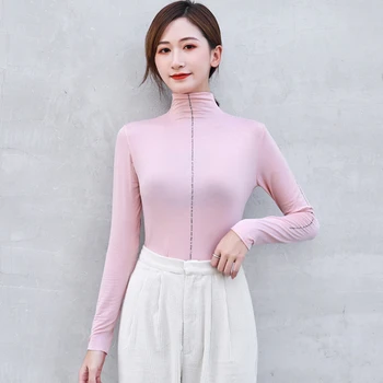 Coreean Toamna Femei Tricouri din Bumbac cu Maneca Lunga T-shirt de sex Feminin Subțire fără Sudură Tshits Plus Dimensiune XXL Femei Topuri Birou Doamnă Tricou