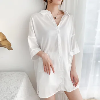 Femei Albe, Jumătate Maneca Raionul cămașă de noapte Sexy Pătrat Guler de Cămașă de noapte Simplă de Vara Noi Sleepshirt Casual Acasă Rochie M-XL