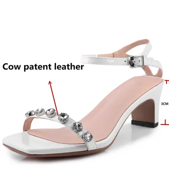 VERCONAS 2020 Femei Sandale Femeie Pompe Autentice din Piele de Curea Glezna Cristal Decor SquareToe Pătrat Tocuri Pantofi de Femeie