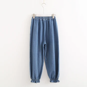 Harajuku Femei Ananas Kawaii Broderie Blugi Denim Toamna anului 2019 Talie Elastic Volane Pantaloni Harem Solid fasolea Pantaloni Streetwear