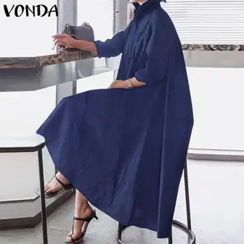 2020 VONDA de Vară Elegant Rochie Camasa Femei Demin Albastru Sarafan Casual cu Maneci Lungi Midi Vestidos de sex Feminin Rever Halat Supradimensionate
