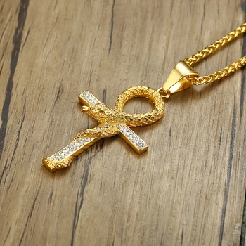 Din Oțel Inoxidabil De Aur Hip-Hop Anka Șarpe Crucea Pandantiv Colier De Cristal Animal Șarpe Deșert Egiptean Șarpe Cu Clopoței Cruce Neckalces