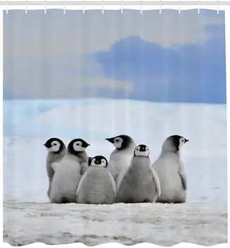Duș subacval Cortina Tineri Pinguini Animale Arctice Imagine de Fundal cu un Morman de Zăpadă și Cerul de Iarnă Decor Baie Set