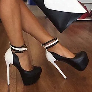 Femei pe tocuri înalte, pompe , tocuri foarte inalte, 16cm negru și alb la modă cu tocuri sexy, pantofi mari