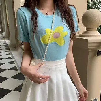 Noua Moda femeii Pulover Tricotate T-Shirt Top Florale Imprimate Tricou Maneca Scurta Casual, O-Neck T Shirt