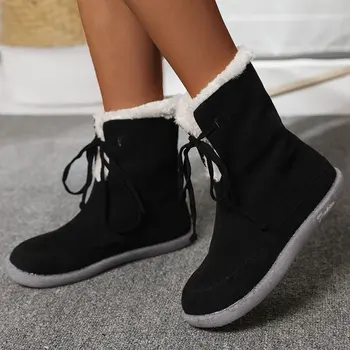 Femei Pantofi pentru Femeie Cizme de Culoare Solidă Jumătatea Vițel Cizme groase de Iarna Turma Stil Britanic Plat cu Cizme Feminine Botas De Mujer