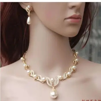 Rochie de mireasa colier cercei mireasa-coreean costum frunze perla diamonder golder colier bijuterie set