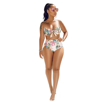 Vară, Plajă, Sexy 2 Bucata Set Femei Florale Imprimare Papion Bra & Talie Elastic De Chiloți De Moda Costume De Baie Bikini Costume