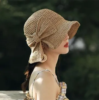 Părinte-copil Rafie Arc Palarie de Soare Margine Largă Floppy Pălării de Vară Pentru Femei Beach Panama Pai Dom Găleată Pălărie Femme Umbra Pălărie