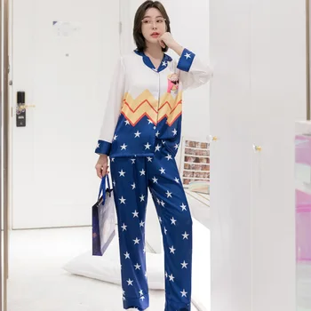 2020 Toamna anului Nou de Mătase pentru Femei Pijamale Desene animate Casual cu mâneci Lungi Cardigan Pantaloni Lungi Curcubeu Pijama Satin Homewear Costum Camisola