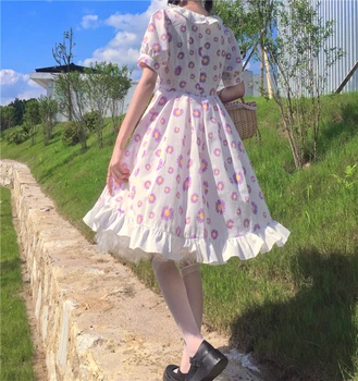 Japoneză dulce ciufulit rochie gât rotund Pentru că Lolita Daisy print cu maneci scurte Lolita rochie de fată drăguță ceai rochie de petrecere Vestidos