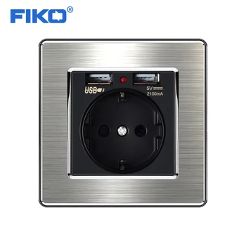 FIKO Black Dual USB Port de Încărcare 5V 2.1 UN Încărcător de Perete Adaptor de Indicator LED 16A UE Socket Priză de Alimentare din Oțel Inoxidabil Panou
