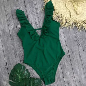 2019 Costume de baie Solid-O singură Bucată de costume de Baie Femei V-neck Sexy Backless Monokini Swimsuit Zburli Bodysuit Plaja Costum de Baie Înot