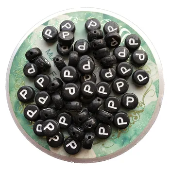 4*7MM Plat Monedă Forma Rotunda Negru Acrilic Caracter Margele 100buc/lot Unic inițială P Imprimare din Plastic Scrisoare Alfabet Margele