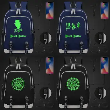 Noul Verde Luminos Moda Anmie Desene animate Black Butler USB Fată Băiat Carte sac de Școală Femei, Adolescenți, Bărbați Rucsac pentru Laptop Packsack
