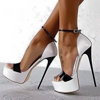 SHOFOO pantofi,Noutate moda pantofi pentru femei , negru, din piele albă, de aproximativ 14,5 cm toc înalt, sandale, doamnelor sandale. DIMENSIUNE:34-45