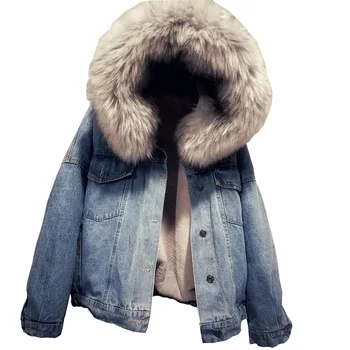 Iarna scurte versiunea coreeană cu gluga din bumbac Miei haină de lână femei sacou captusit îngroșat de Pluș denim haina de iarna femei