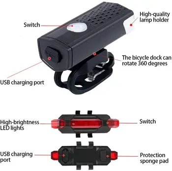 USB Reîncărcabilă Biciclete Lumina LED Lanterna Bicicleta Lampă Față Set de 300 de Lumeni, Ciclism Lumina de Avertizare pentru Munte, Rutier, Oraș, BMX