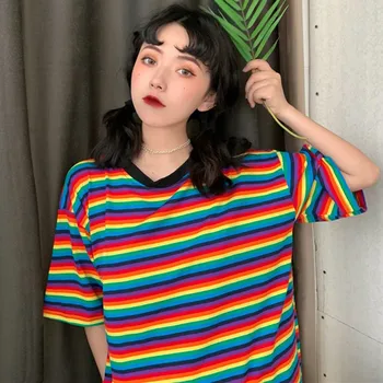 T-Shirt Femei Vara coreean Liber Casual tricou Curcubeu Dungi Imprimate Gât Rotund Maneca Scurta Top