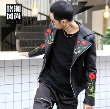 S-5XL 2019 Nouă Bărbați îmbrăcăminte de Moda cantareata DS DJ flori colaj slim din piele PU jacheta motocicleta strat de sex masculin plus dimensiune costume