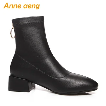 2019 Nouă Primăvară/Toamnă Femei Cizme Glezna Cu Toc Mediu Square Toe Fermoar Solid Confortabil Casual Pantofi Femei Cizme Scurte Negre