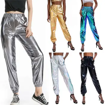 Moda Smoothy Reflectorizante Femei Talie Mare Metalice Strălucitoare Jogger Casual Holografic Culoare Streetwear Pantaloni