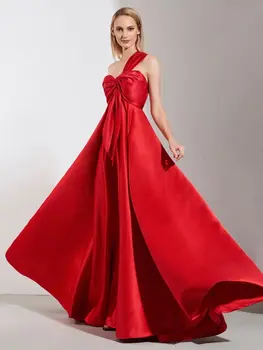 2020 Elegant a-Line Plisate Un Umăr Satin Rochie de Seară Roșie Cu Arc de Bal Etaj Lungime Formale Rochii vestidos de noiva